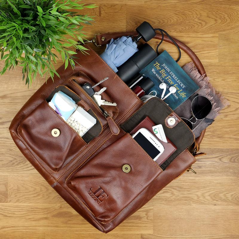 Leconi Schultertasche Umhängetasche Ledertasche Leder Damen braun LE0062 zollfrei