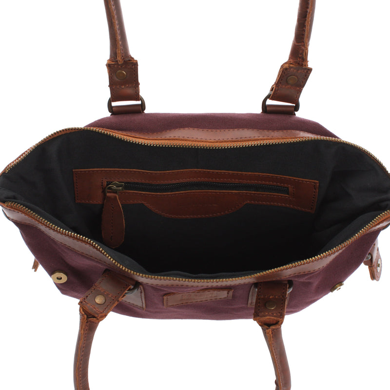 Leconi Schultertasche Handtasche kleiner Shopper Leder Canvas bordeaux LE0056 50% Rabatt für begrenzte Zeit