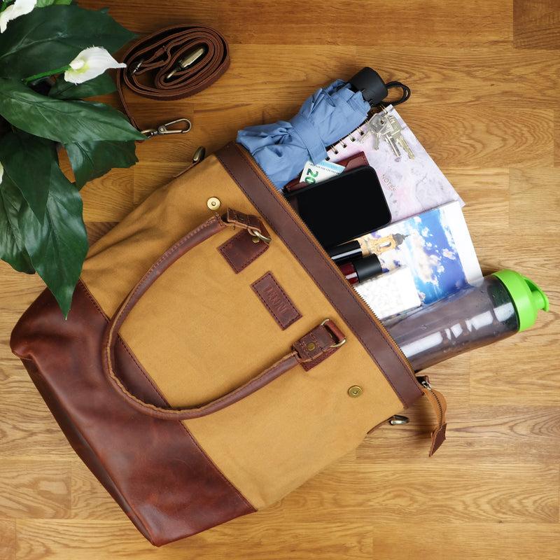 Leconi Schultertasche Handtasche kleiner Shopper Leder Canvas cognac LE0056 Rabatte dieses Monats