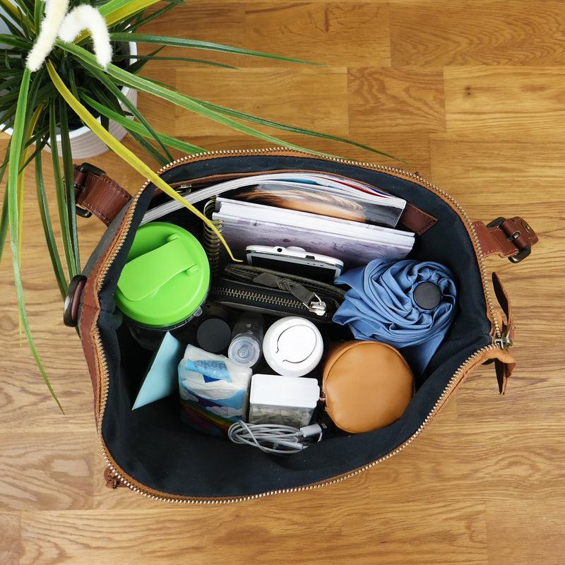 Leconi Schultertasche Handtasche kleiner Shopper Leder Canvas grau LE0056 2025