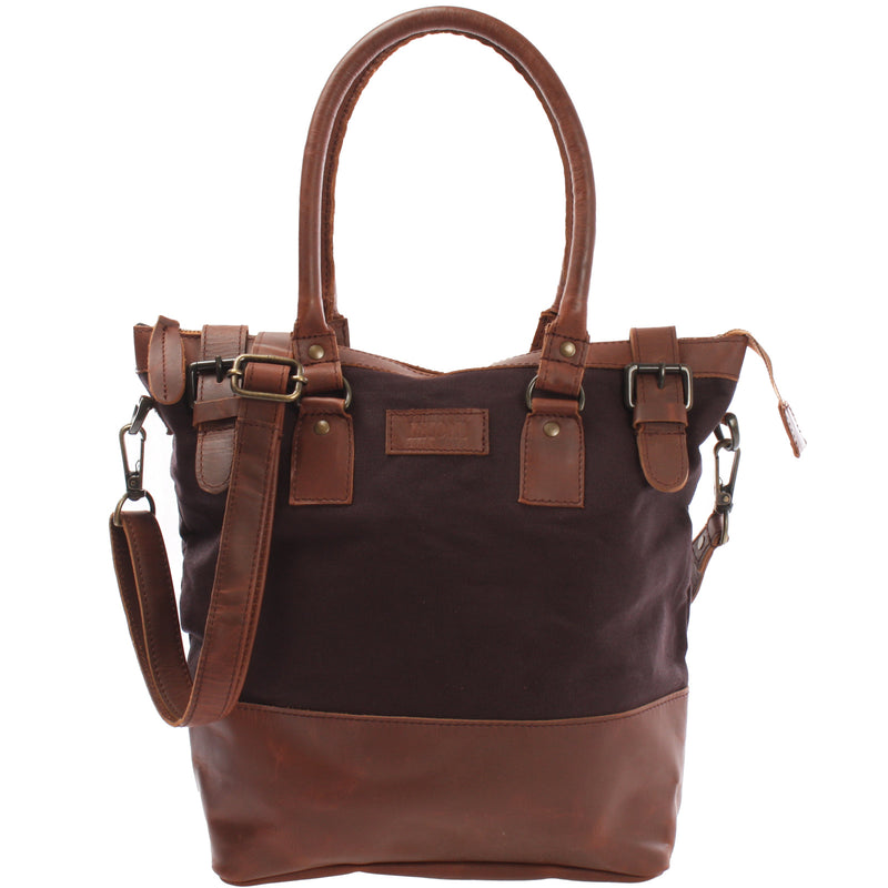 Leconi Schultertasche Handtasche kleiner Shopper Leder Canvas mokka LE0056 Online