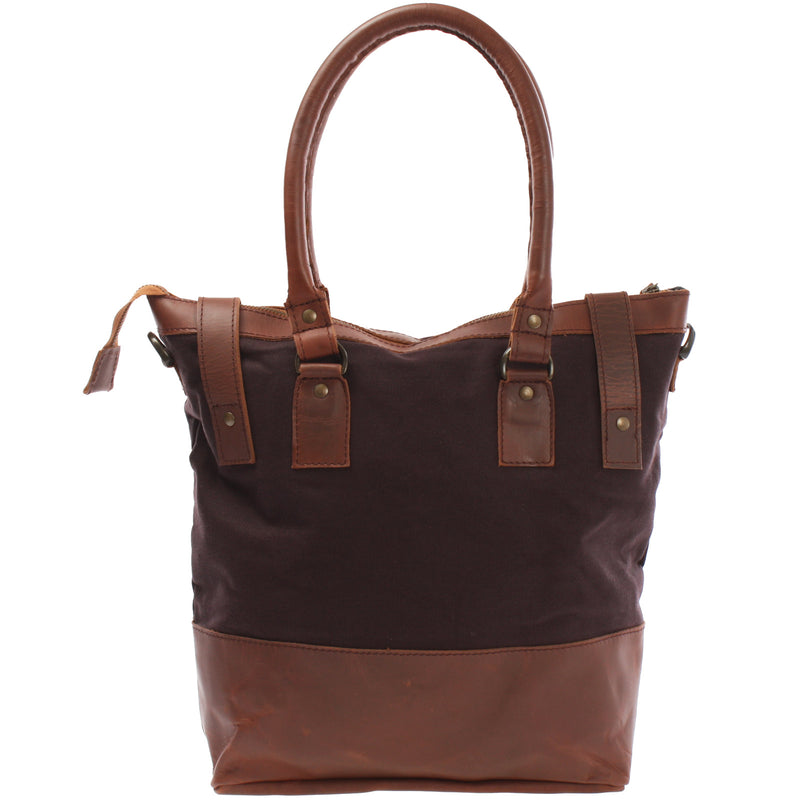 Leconi Schultertasche Handtasche kleiner Shopper Leder Canvas mokka LE0056 Online