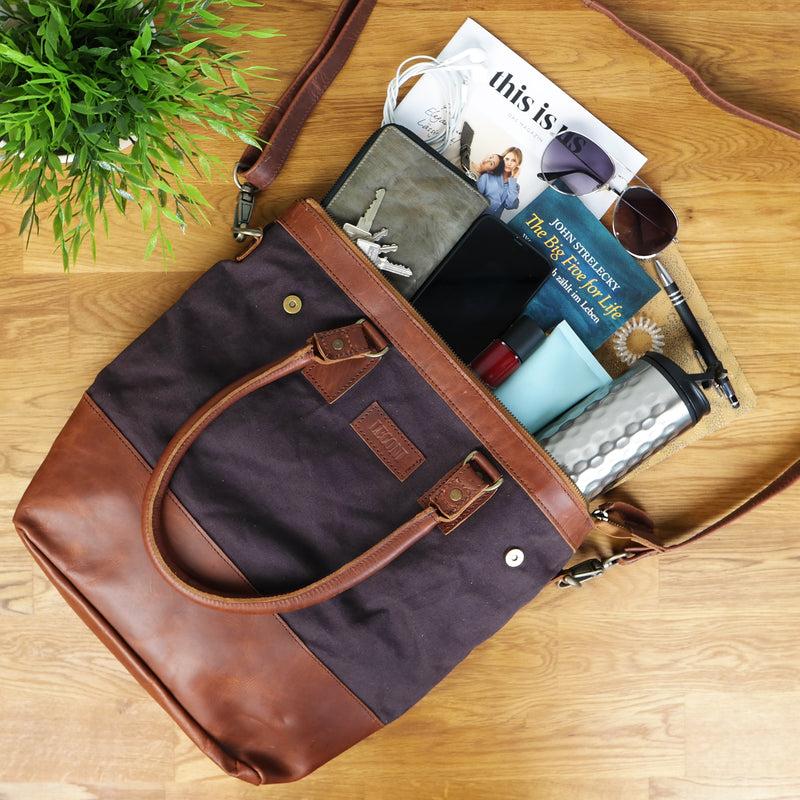 Leconi Schultertasche Handtasche kleiner Shopper Leder Canvas mokka LE0056 Online