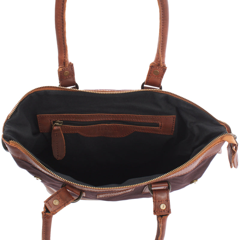 Leconi Schultertasche Handtasche kleiner Shopper Leder Canvas mokka LE0056 Online