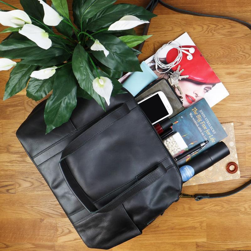 Leconi Shopper Schultertasche Henkeltasche Damen Handtasche Leder dunkelgrau LE0061 Outlet