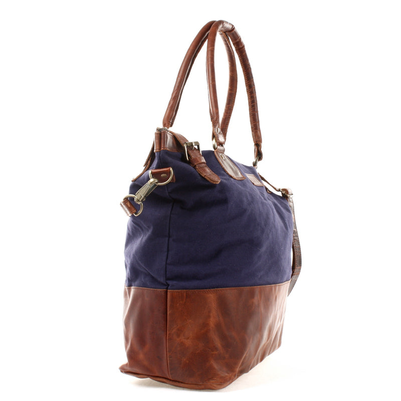 Leconi XXL Shopper Schultertasche Beuteltasche Leder Canvas navy LE2005 im Angebot