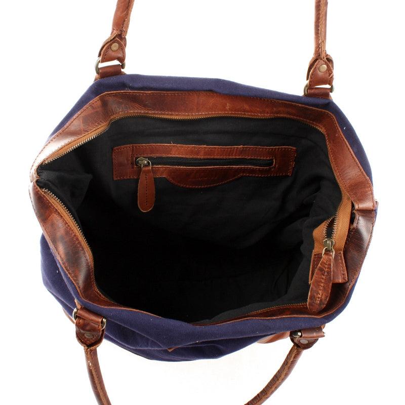 Leconi XXL Shopper Schultertasche Beuteltasche Leder Canvas navy LE2005 im Angebot