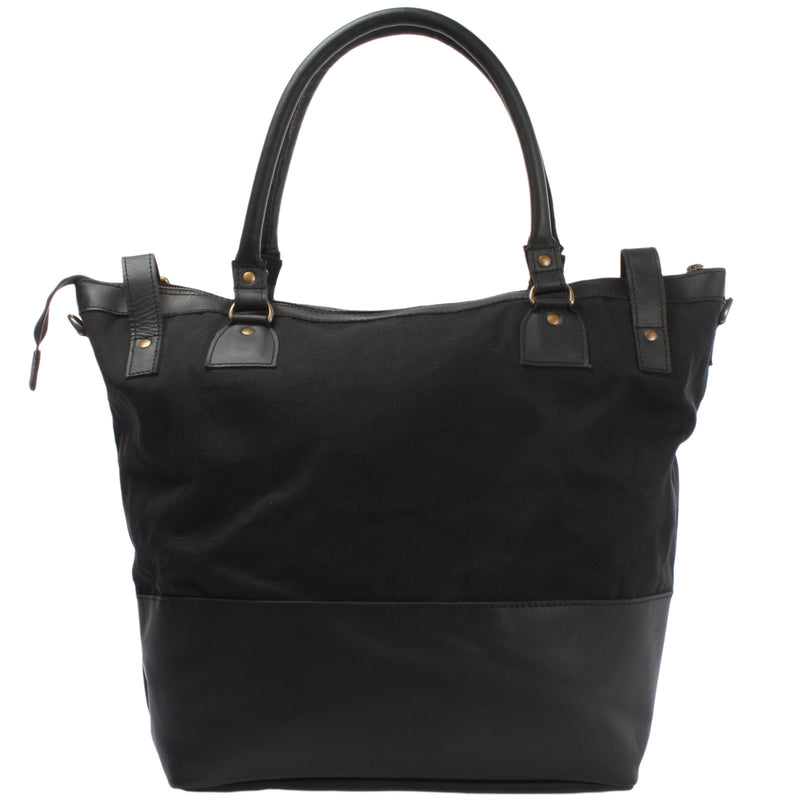 Leconi XXL Shopper Schultertasche Beuteltasche Leder Canvas schwarz LE2005 Schlussverkauf