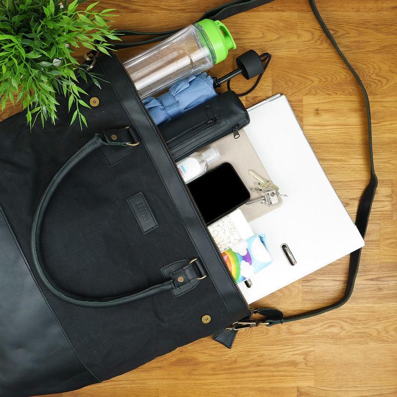 Leconi XXL Shopper Schultertasche Beuteltasche Leder Canvas schwarz LE2005 Schlussverkauf