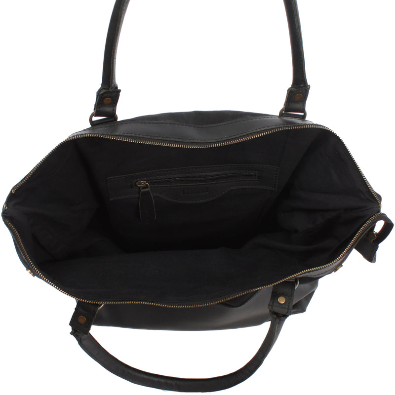Leconi XXL Shopper Schultertasche Beuteltasche Leder Canvas schwarz LE2005 Schlussverkauf