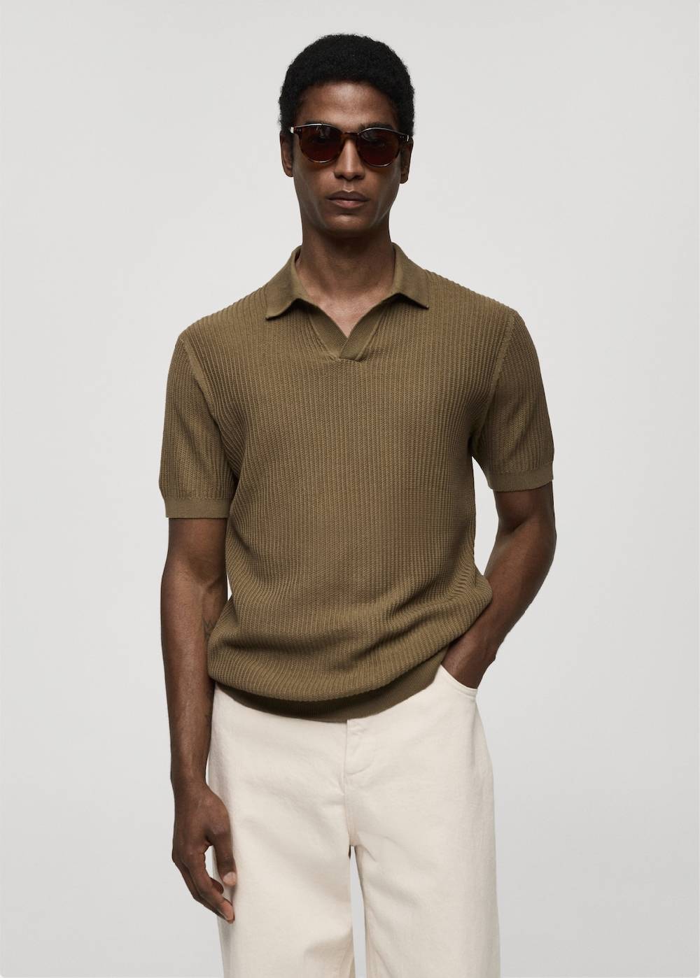 Mango Geripptes Strick-Poloshirt aus Baumwolle