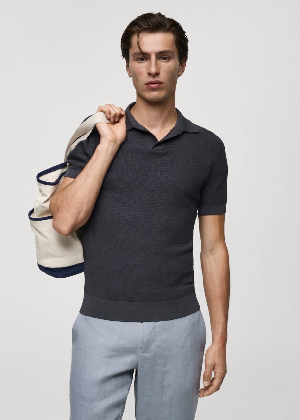 Mango Poloshirt aus Baumwolle mit Tencel in Flechtoptik