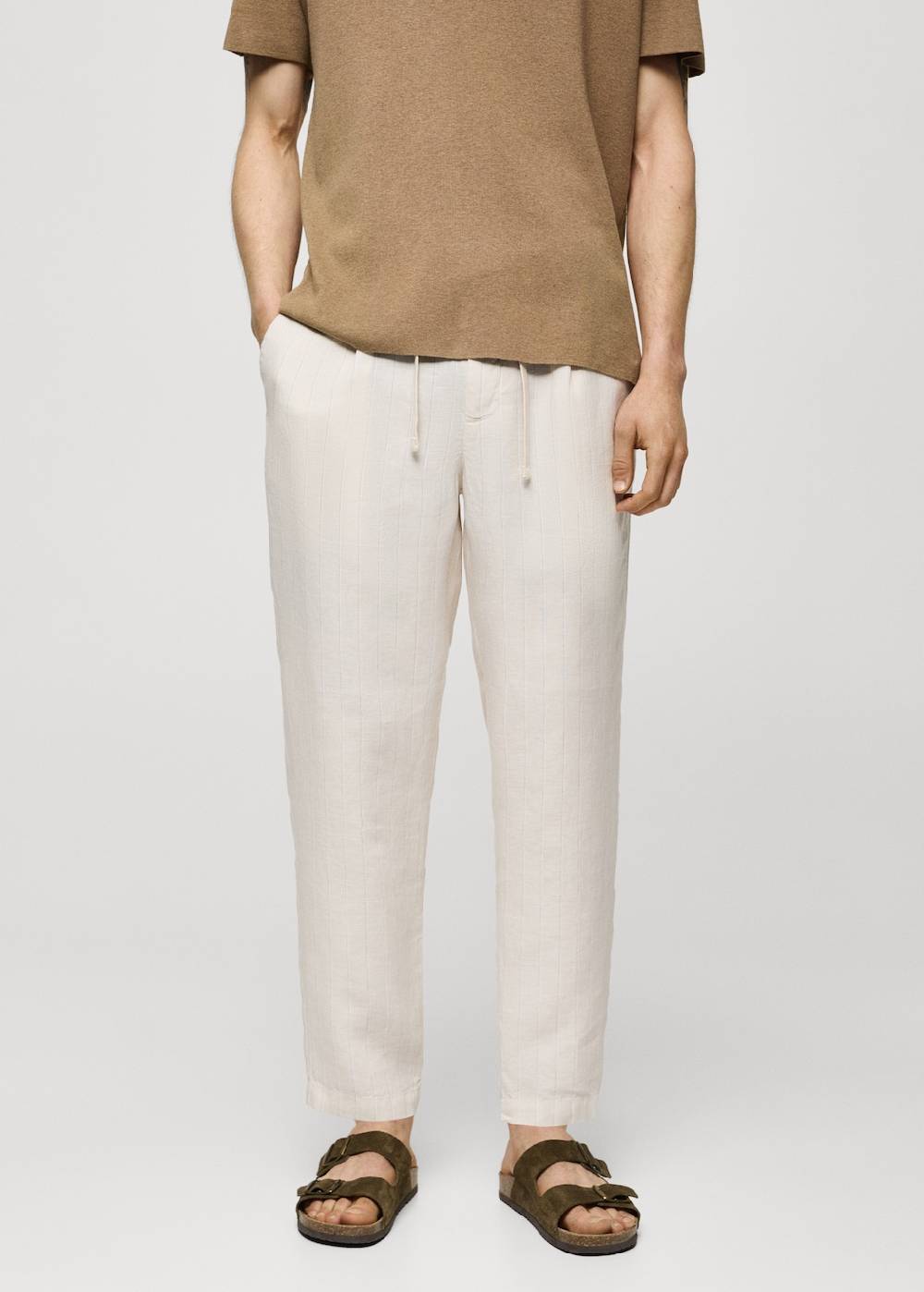 Mango Gestreifte Hose aus 100 % Leinen mit Kordel