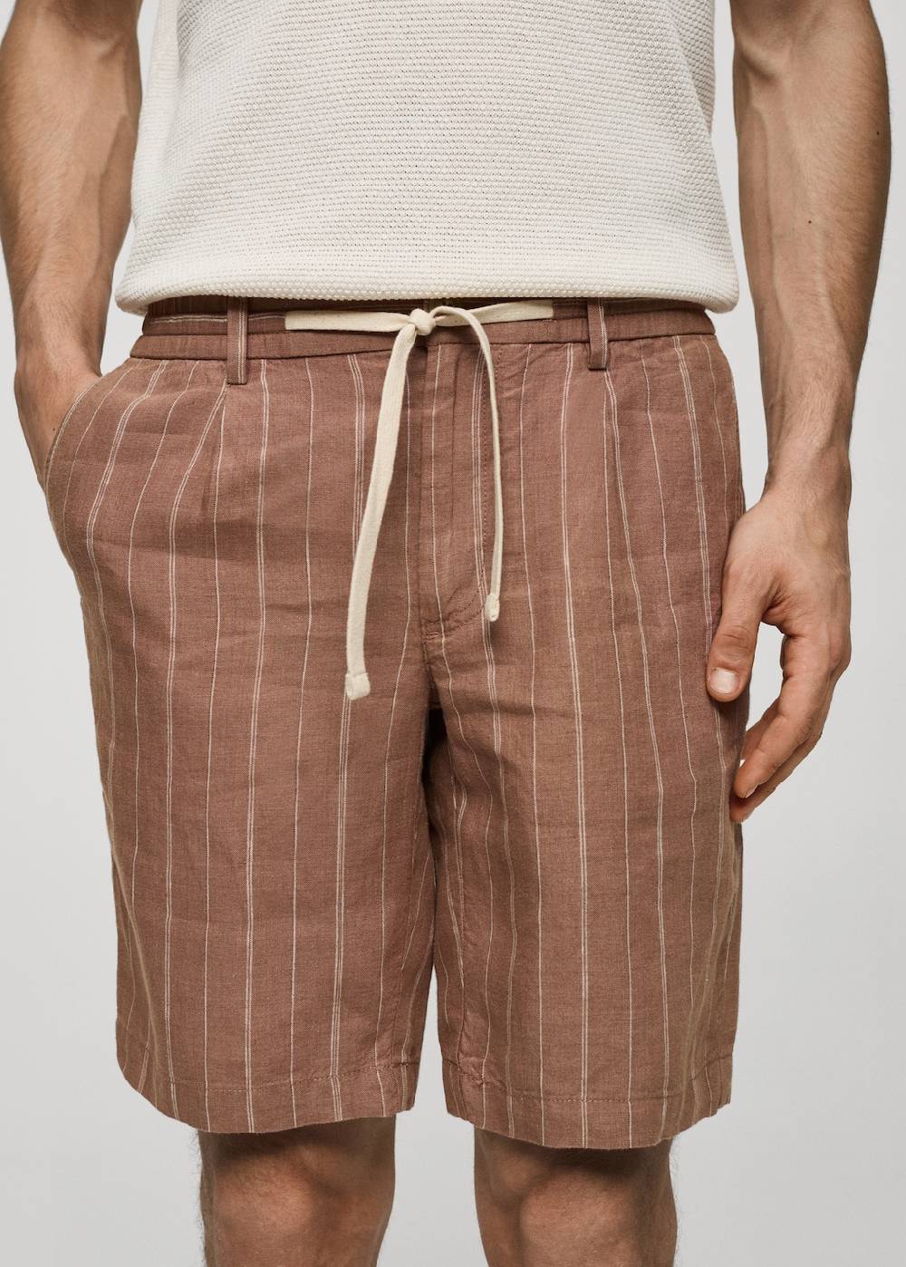 Mango Gestreife Bermudashorts aus 100 % Leinen mit Kordelzug Großer Ausverkauf