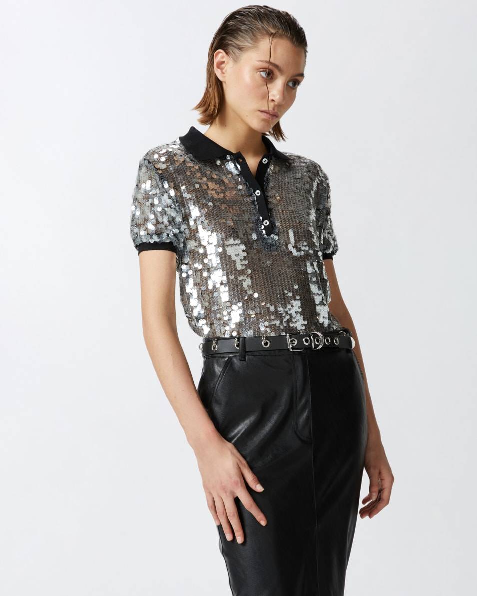 Pinko Halbtransparentes Pailletten-Poloshirt Auslauf