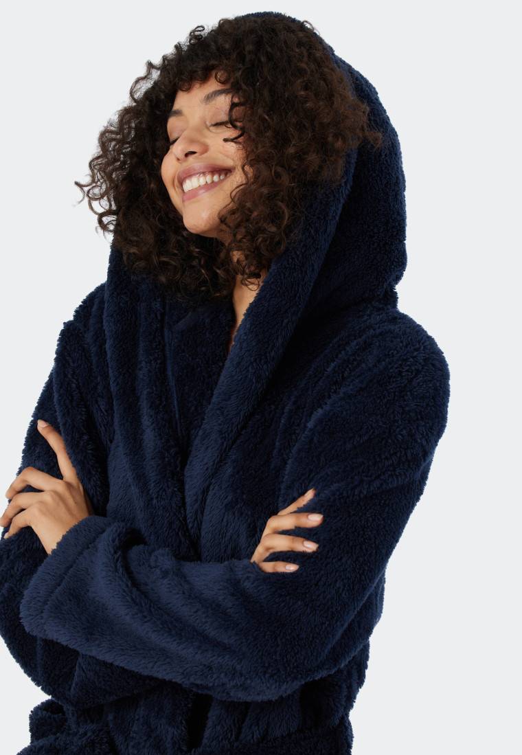 Schiesser Morgenmantel Teddy-Fleece Comfort-Fit dunkelblau - Essentials Discount Store für neue Produkte
