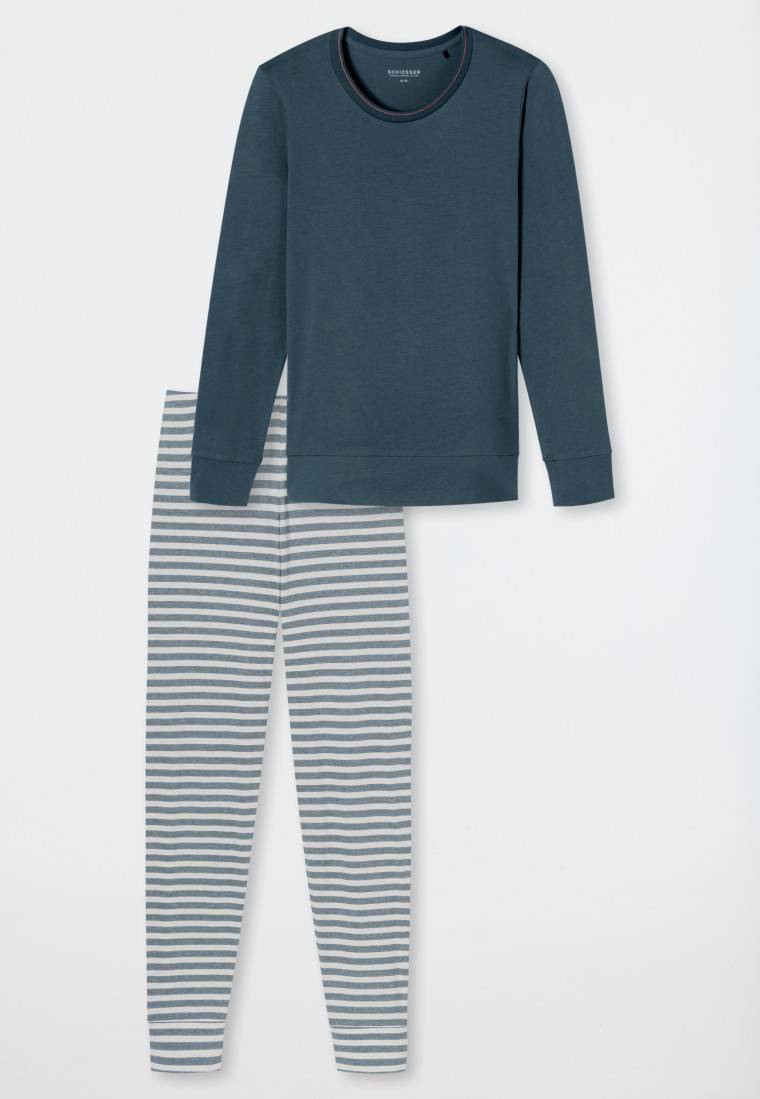Schiesser Schlafanzug lang Bündchen Ringel jeansblau - Casual Essentials Fabrikladen