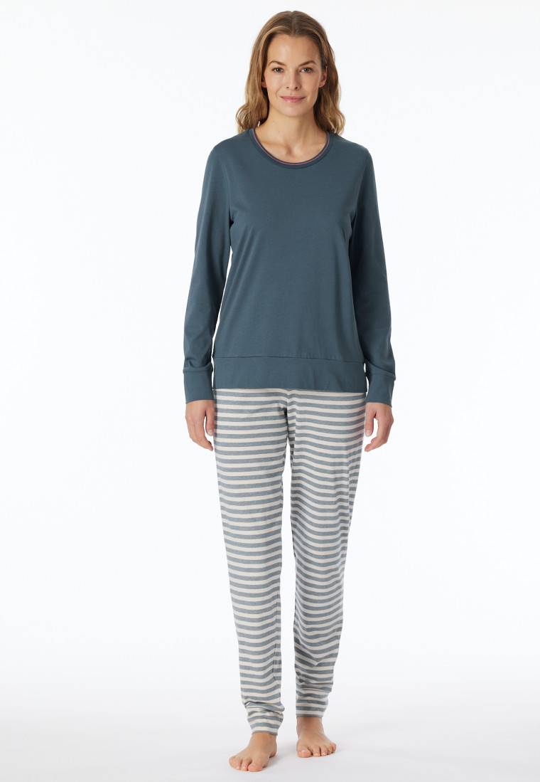Schiesser Schlafanzug lang Bündchen Ringel jeansblau - Casual Essentials Fabrikladen