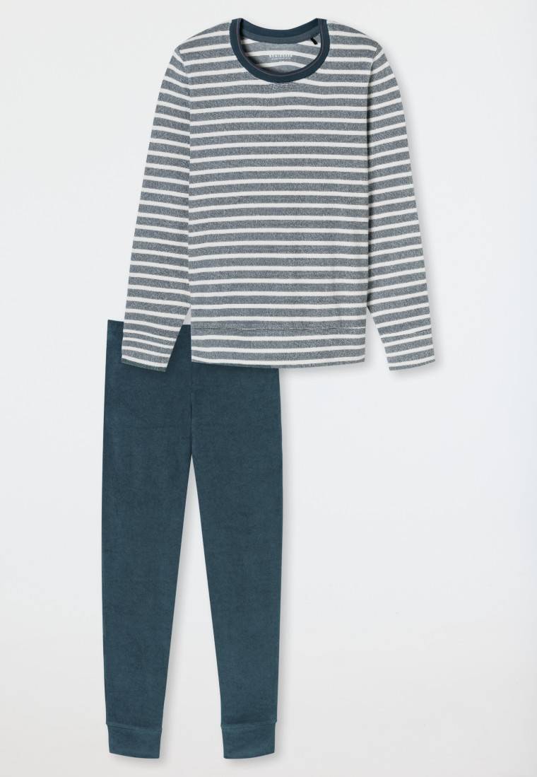 Schiesser Schlafanzug lang Frottee Bündchen Ringel jeansblau - Casual Essentials Black Friday Preise