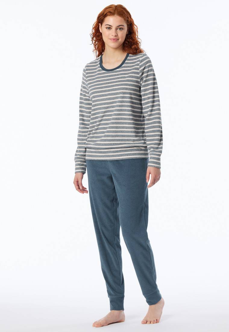 Schiesser Schlafanzug lang Frottee Bündchen Ringel jeansblau - Casual Essentials Black Friday Preise