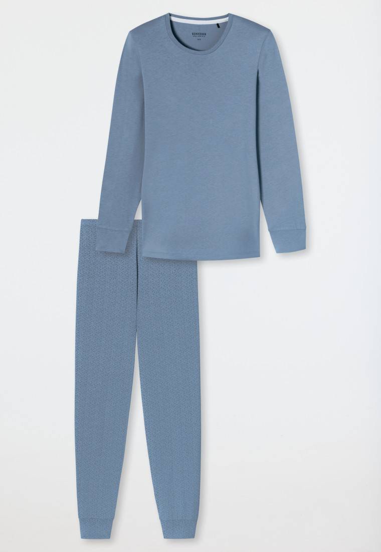 Schiesser Schlafanzug lang Bündchen blaugrau gemustert - Comfort Essentials Im Verkauf