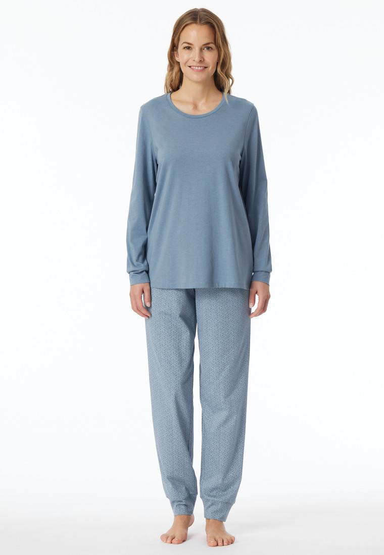 Schiesser Schlafanzug lang Bündchen blaugrau gemustert - Comfort Essentials Im Verkauf
