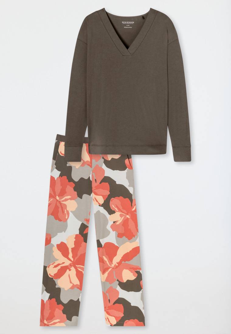 Schiesser Schlafanzug lang Interlock taupe bedruckt - Modern Nightwear Outlet