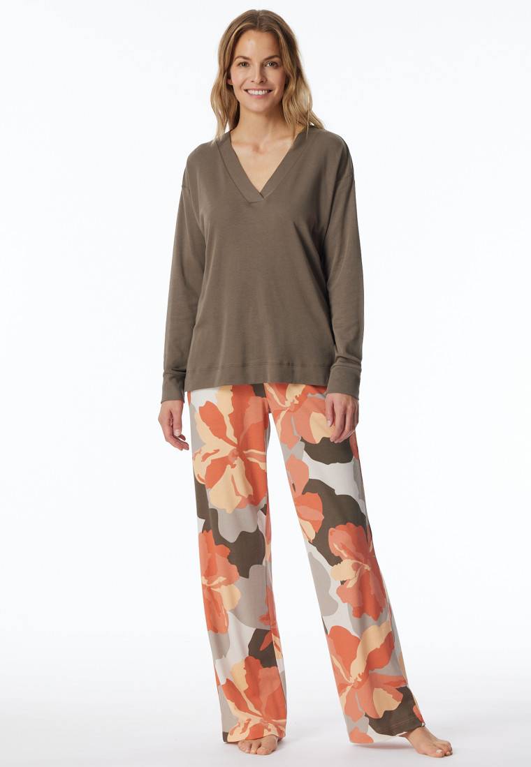 Schiesser Schlafanzug lang Interlock taupe bedruckt - Modern Nightwear Outlet