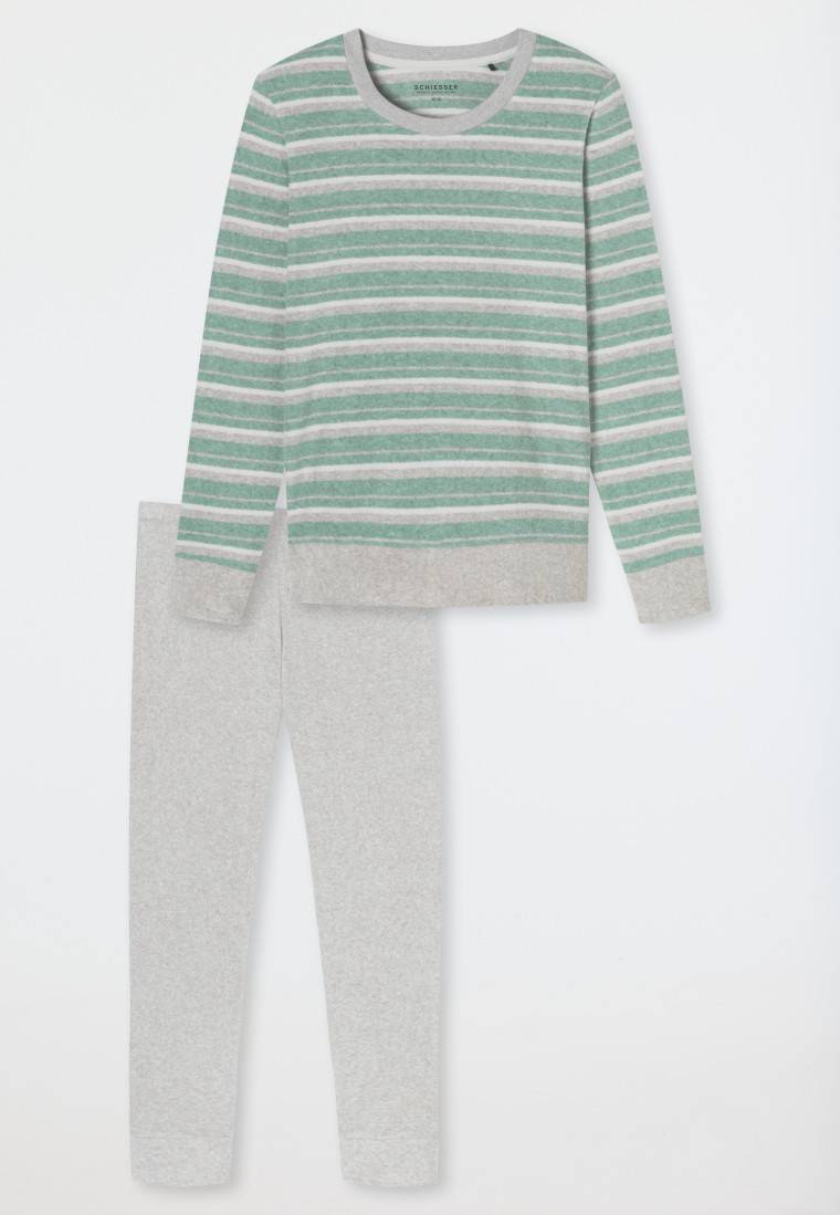 Schiesser Schlafanzug lang Frottee Bündchen Ringel grün-meliert - Casual Essentials Auslauf