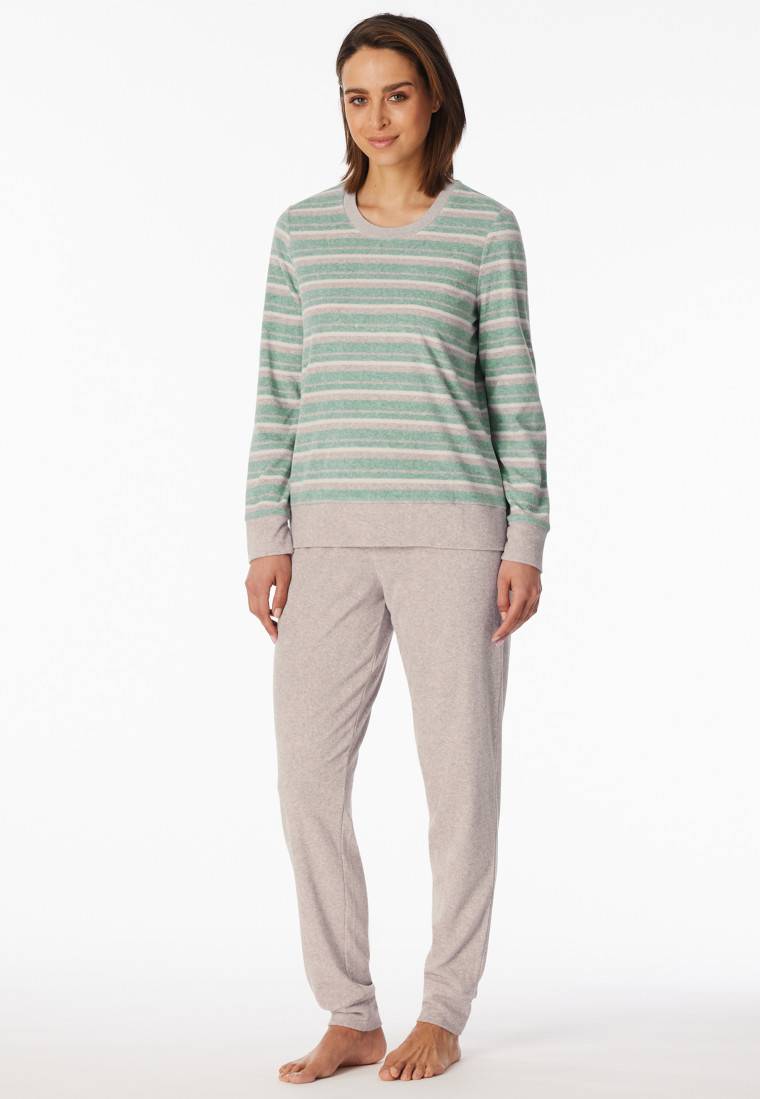 Schiesser Schlafanzug lang Frottee Bündchen Ringel grün-meliert - Casual Essentials Auslauf