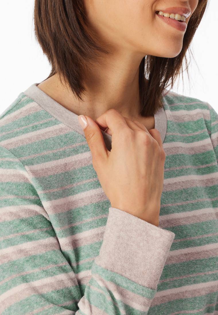 Schiesser Schlafanzug lang Frottee Bündchen Ringel grün-meliert - Casual Essentials Auslauf