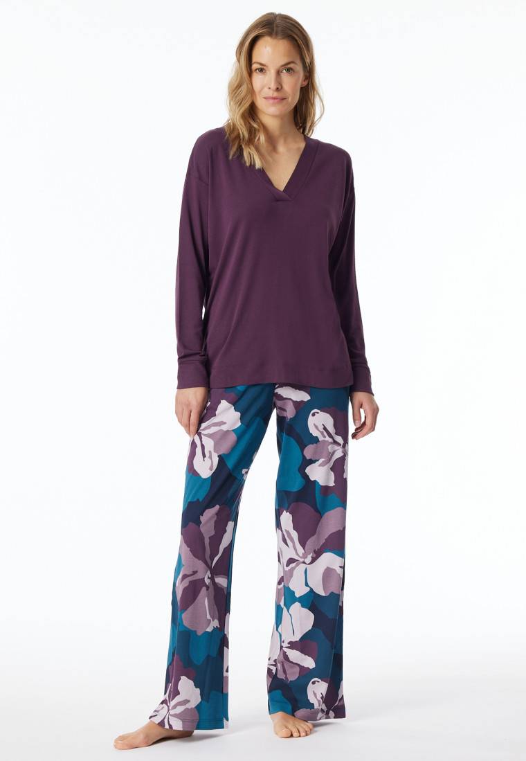 Schiesser Schlafanzug lang Interlock pflaume bedruckt - Modern Nightwear Fabrikverkauf