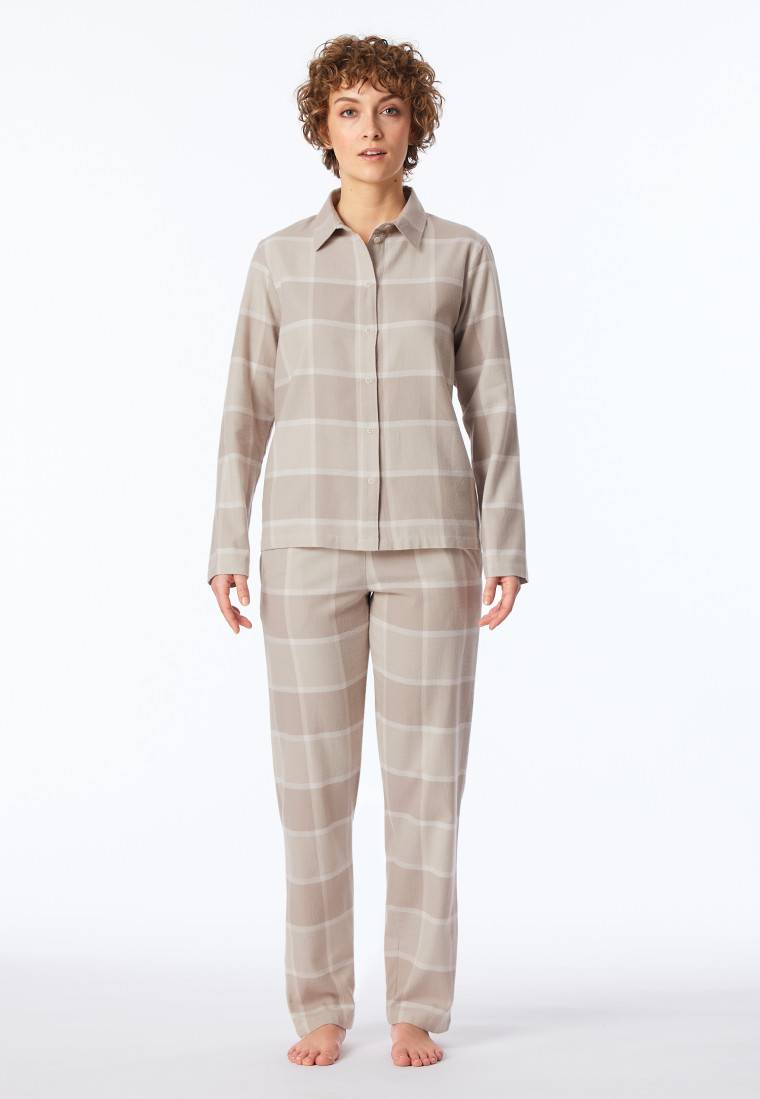 Schiesser Pyjama lang Flanell beige kariert - Selected Premium Warming Fabrikpreis