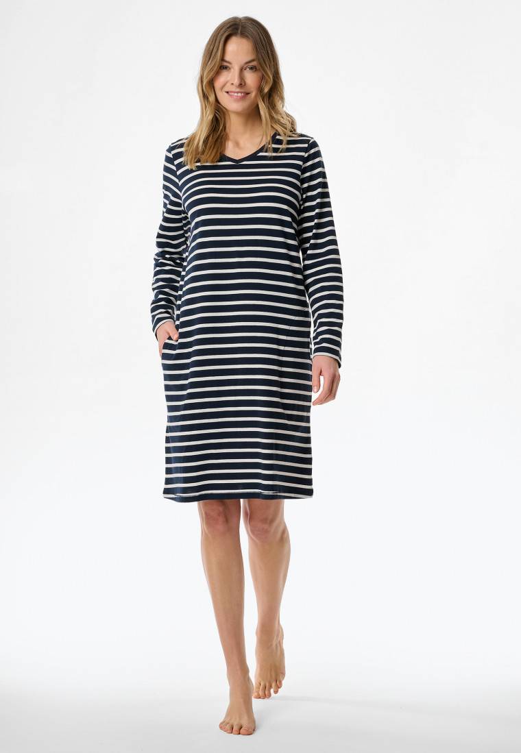 Schiesser Nachthemd langarm Streifen nachtblau - Casual Essentials