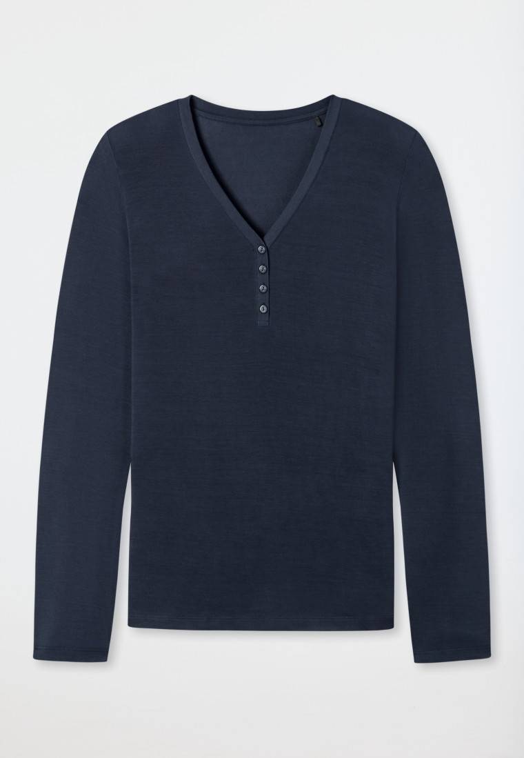 Schiesser Shirt langarm Modal V-Ausschnitt Knopfleiste blau - Mix+Relax Riesige Rabatte