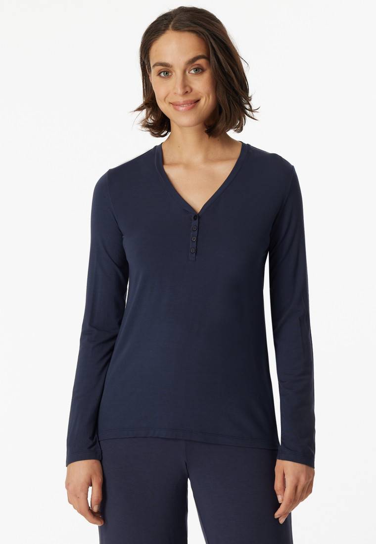 Schiesser Shirt langarm Modal V-Ausschnitt Knopfleiste blau - Mix+Relax Riesige Rabatte