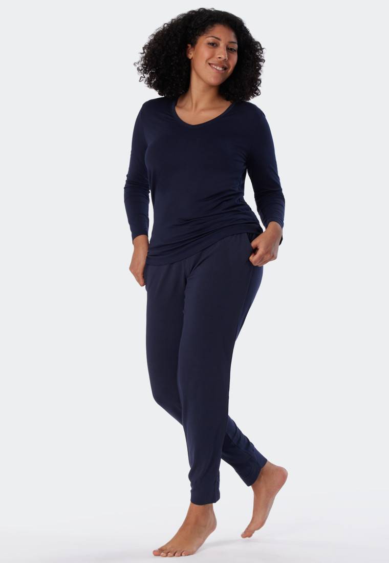 Schiesser Shirt langarm Modal V-Ausschnitt blau - Mix+Relax