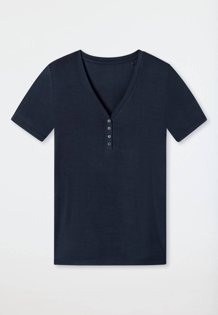 Schiesser Shirt kurzarm Henley Knopfleiste blau - Mix+Relax Speichern exportieren