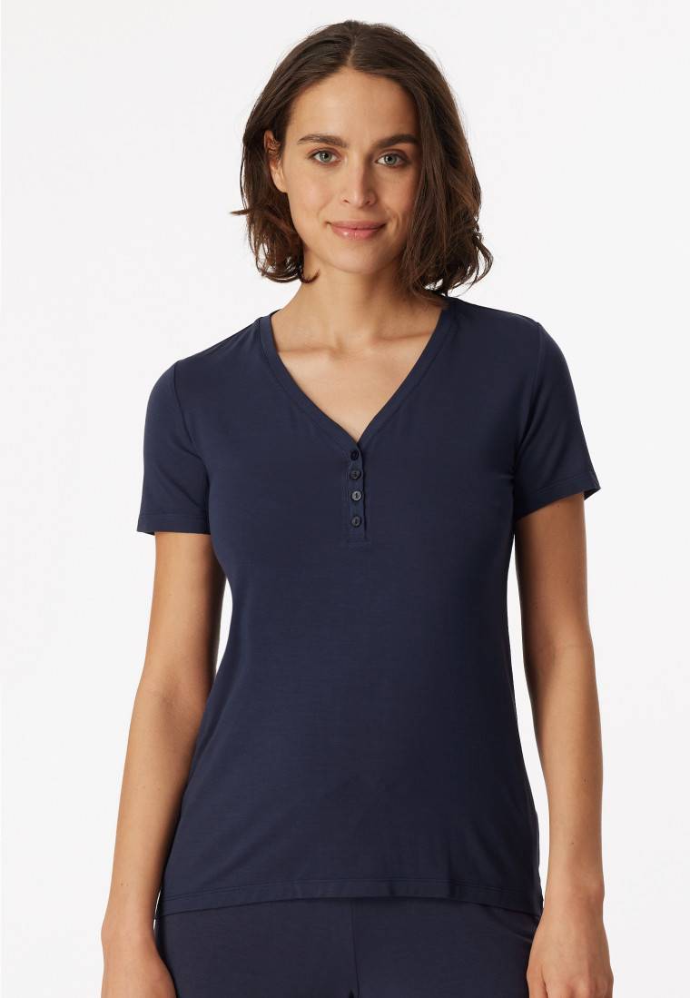 Schiesser Shirt kurzarm Henley Knopfleiste blau - Mix+Relax Speichern exportieren