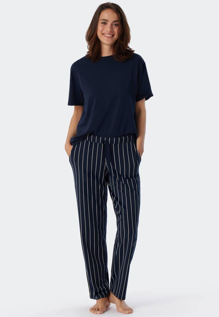 Schiesser Loungehose lang Jersey Streifen dunkelblau gemustert - Mix+Relax