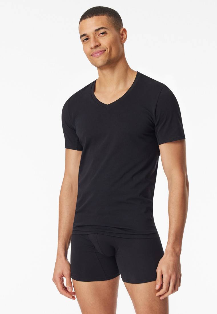 Schiesser Shirt kurzarm V-Ausschnitt schwarz - Premium Cotton